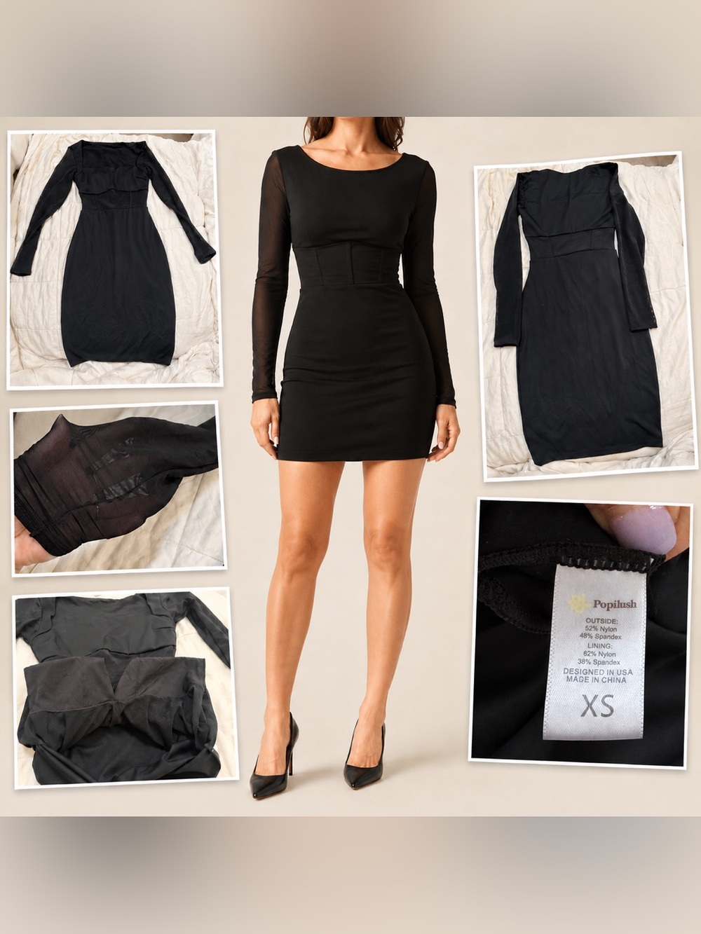 Popilish Built-In Shapewear Sheer Long Sleeve Mini Dress XS